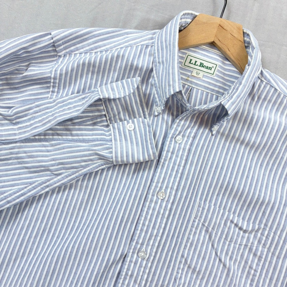 LL Bean Oxford Button Down Shirt 15.5 33 Blue White Stripe USA VTG Single Needle